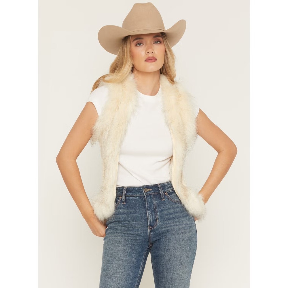 Shyanne Ivory Cable Knit Faux Fur Trim Open Front Western Boho Vest XL C5